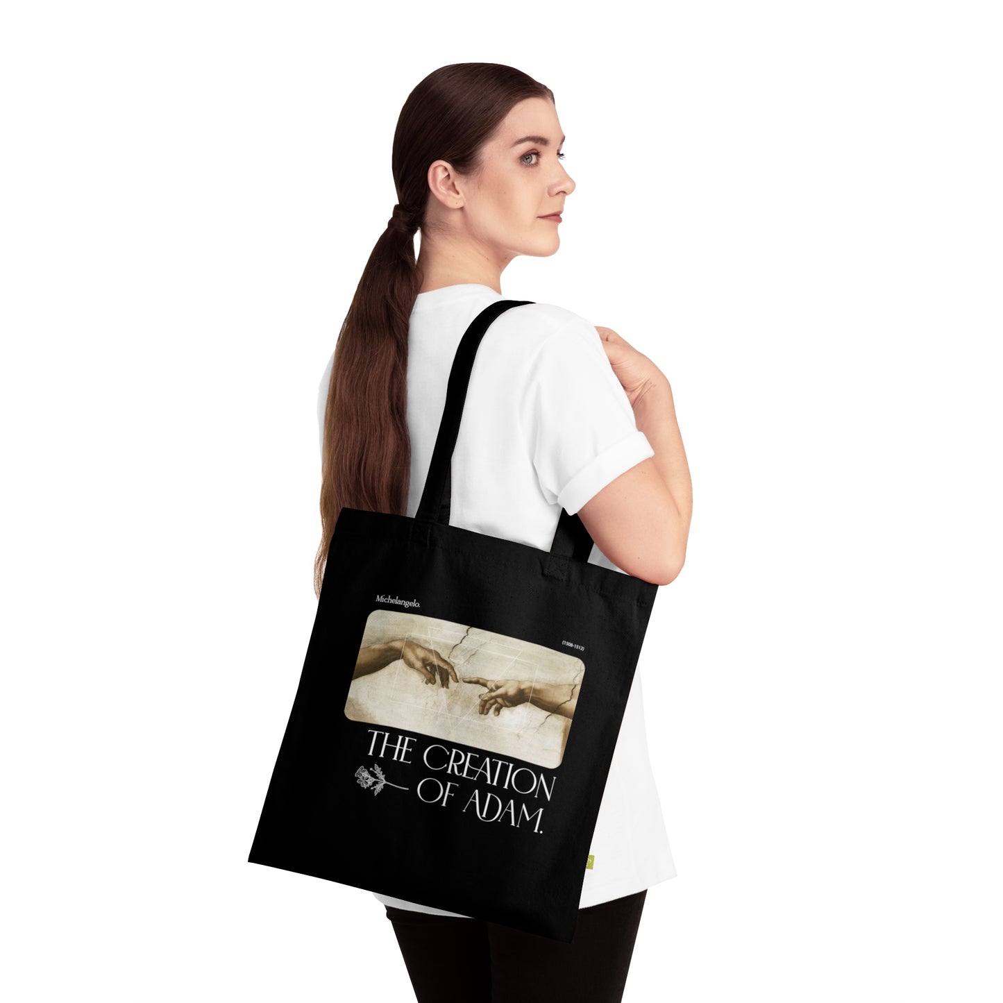 The creation of Adam Tote bag - Michelangelo Art movement Organic Cotton black tote bag - Aesthetic vintage bag