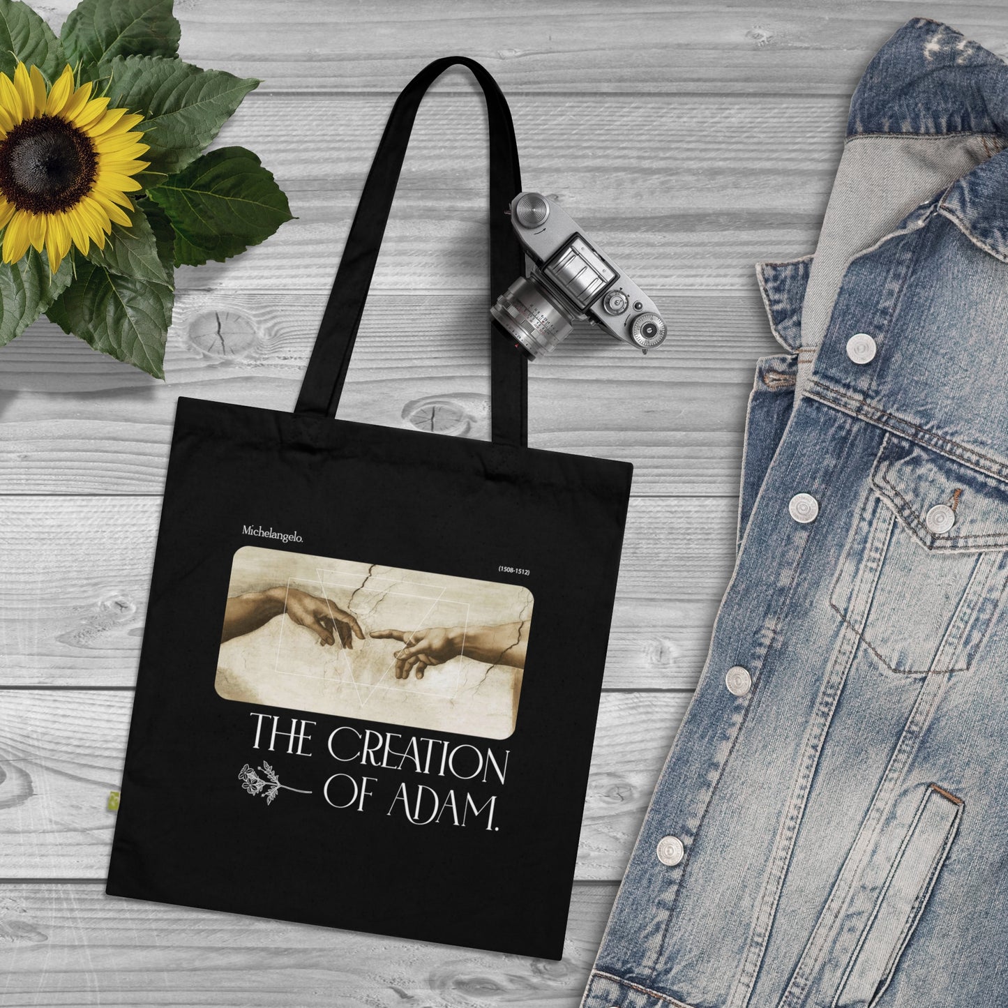 The creation of Adam Tote bag - Michelangelo Art movement Organic Cotton black tote bag - Aesthetic vintage bag